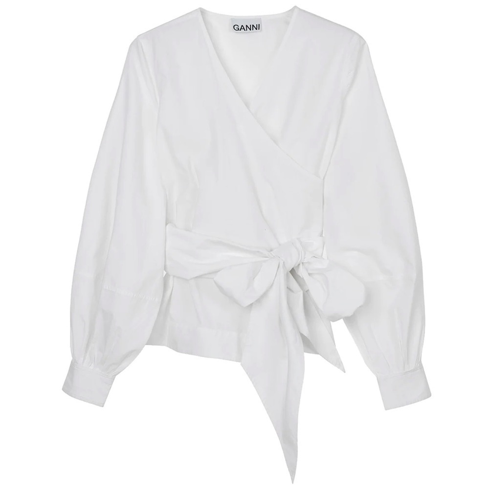 NWT GANNI Bright White Poplin Kimono-Style Cotton Wrap Blouse Shirt Top EU 34/XS